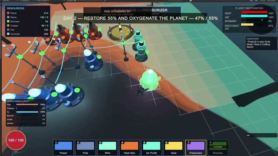 Aftercode gameplay: a teal restoration band spreading across an orange terraform zone, with power pylons and an air purifier.