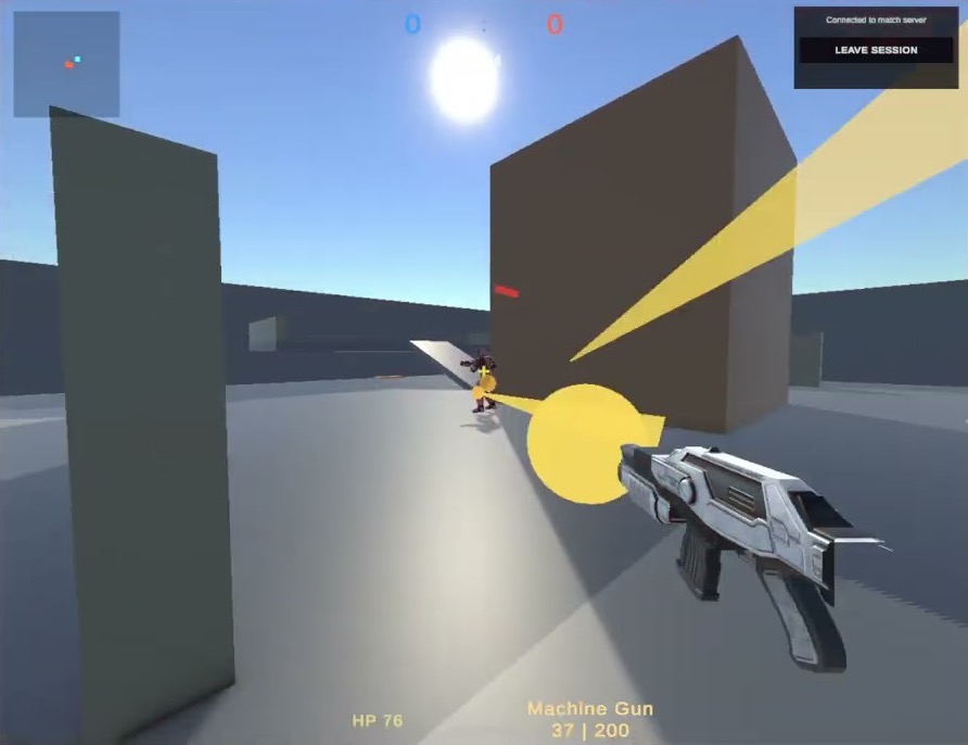 Open Hours playtest: first-person view in a greybox arena, a machine gun firing a yellow tracer at an opponent.